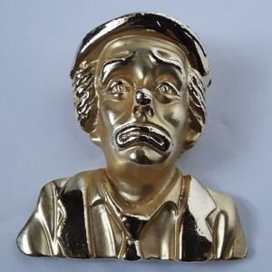 Vintage Costume Jewelry Clown Gold Tone Large Brooch